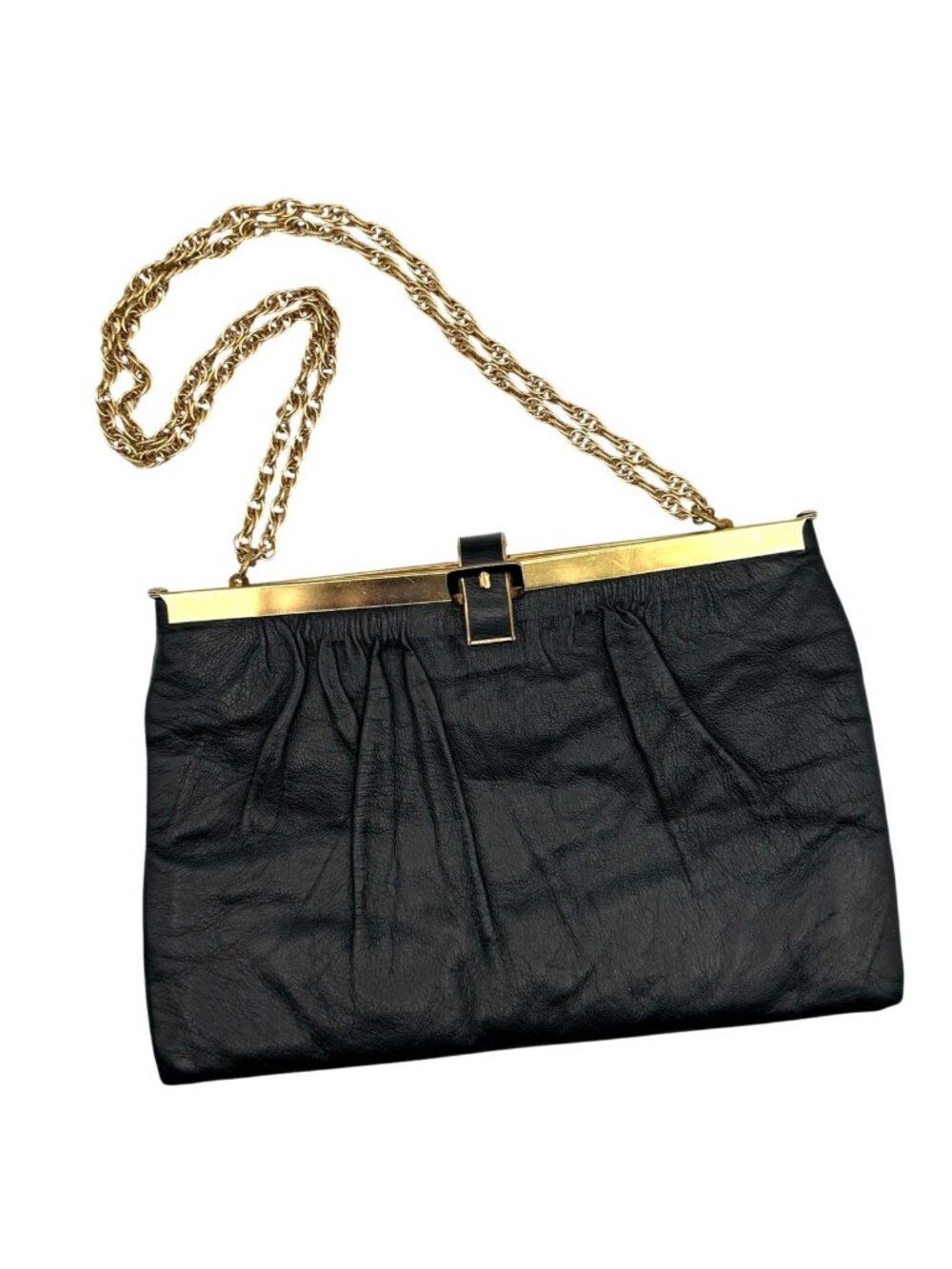 Vintage Mid Century Black Leather Frame Purse Gold Chain Strap Mad Men Style